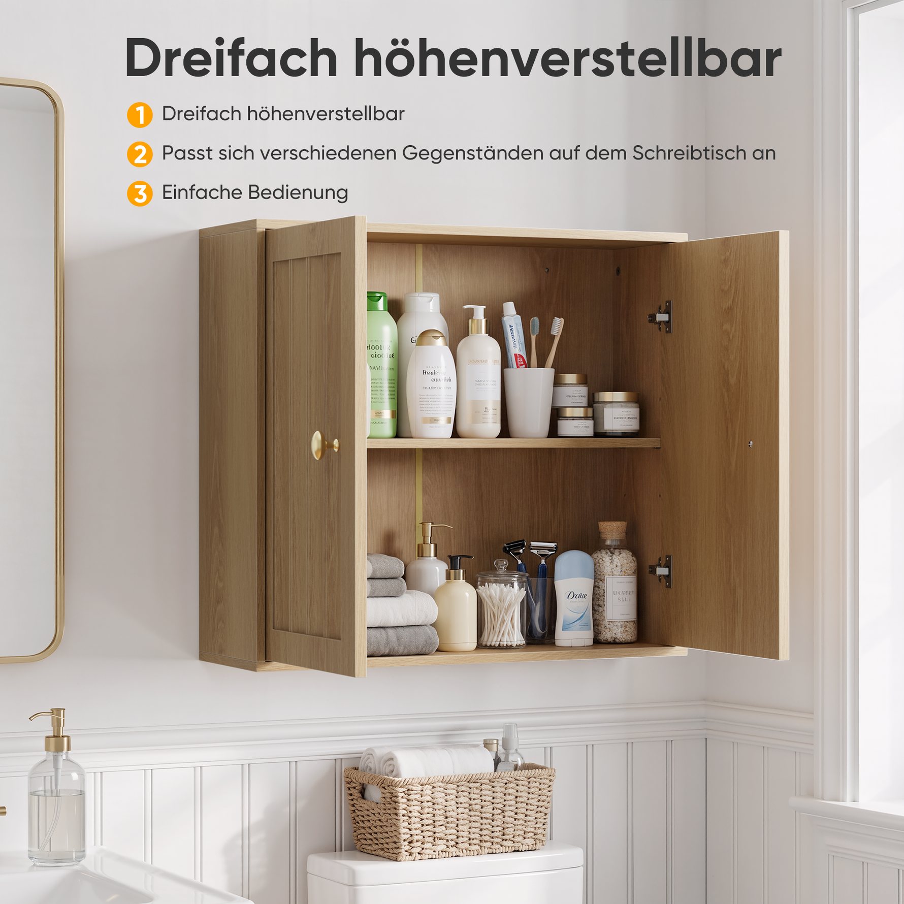 Wall-Mounted Bathroom Cabinet, Two-Door Medicine Cabinet with Vertical Groove Design, Oak