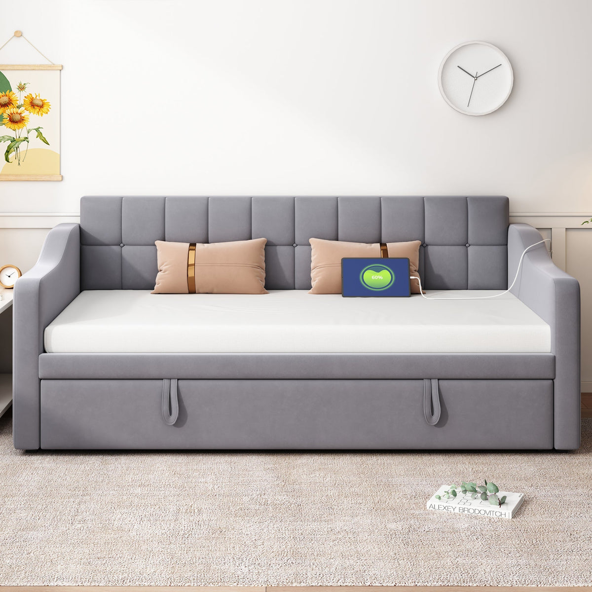 Upholstered Bed Sofa, 2-in-1 Multifunctional with Socket & Storage, Gray Velvet