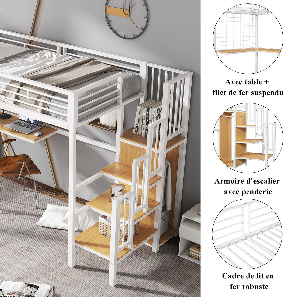 Iron Bed, Bunk/Loft with Table & Wardrobe, White + Natural