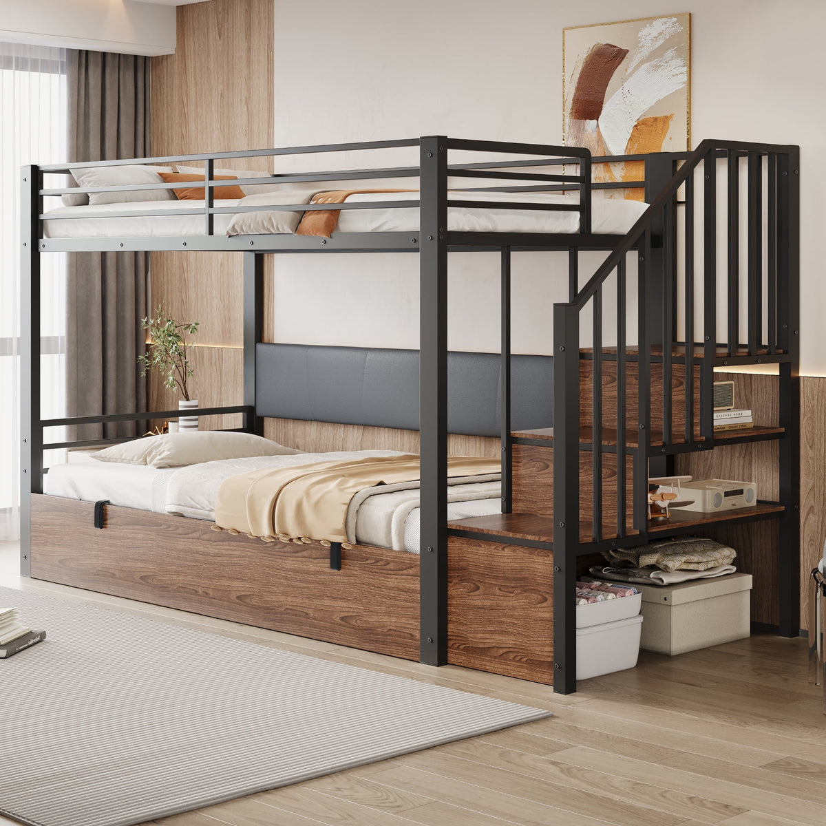 Iron Loft Bed with Hydraulic Function, Padded Backrest and Safety Ladder, 90x200cm, Black PU