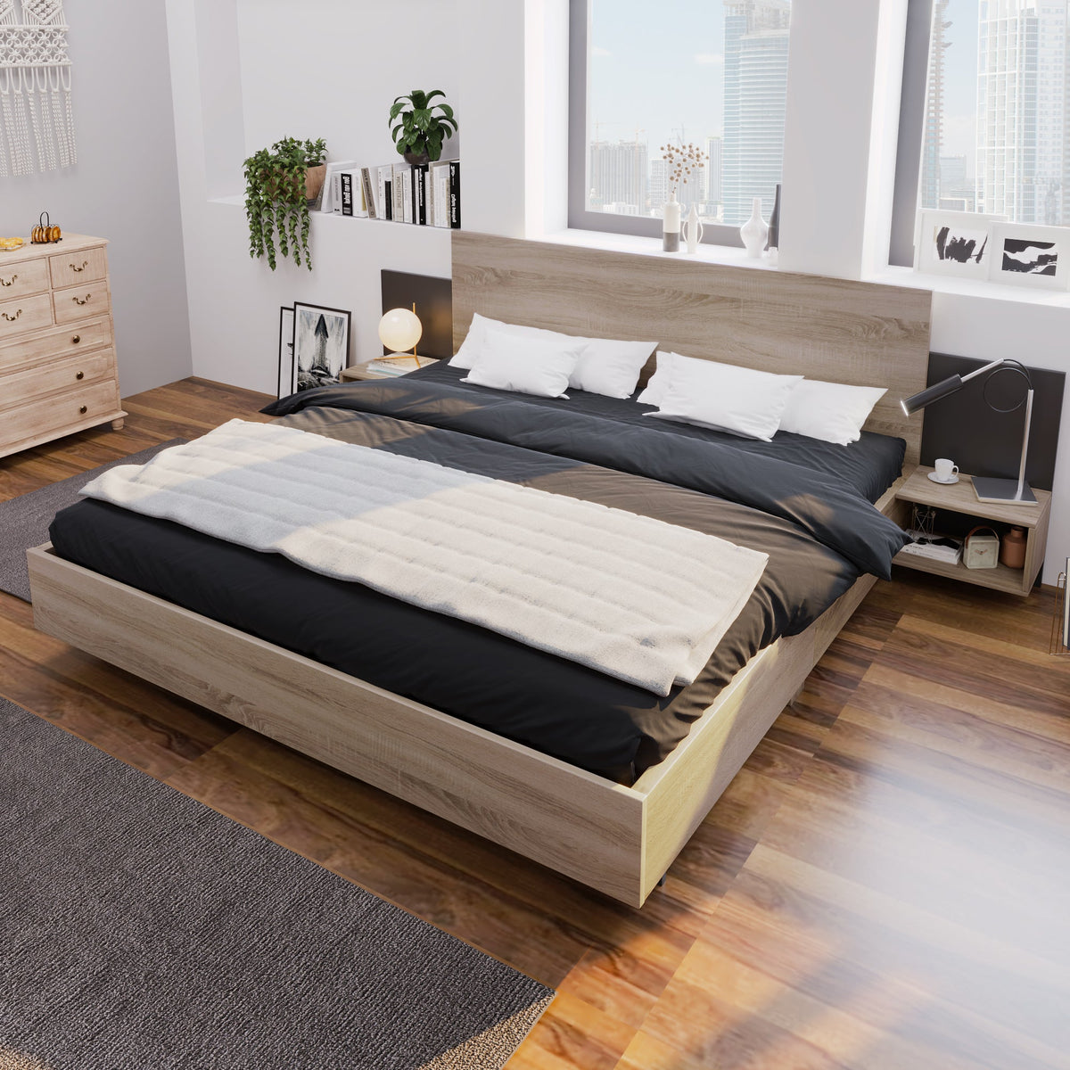 Double Bed Frame Set 160x200cm Modern 2 Bedside Tables, Sonoma Oak/Dark Grey Wood