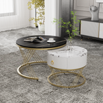 Modular Coffee Table Set of 2, Drawers Marble Look, Gold Decor