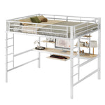 Loft Bed with Desk and Bookshelves, 140x200 cm Metal Frame, White
