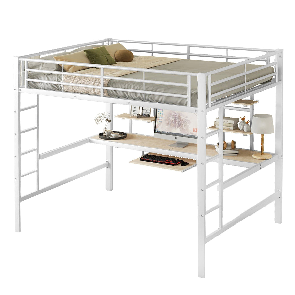 Loft Bed with Desk and Bookshelves, 140x200 cm Metal Frame, White