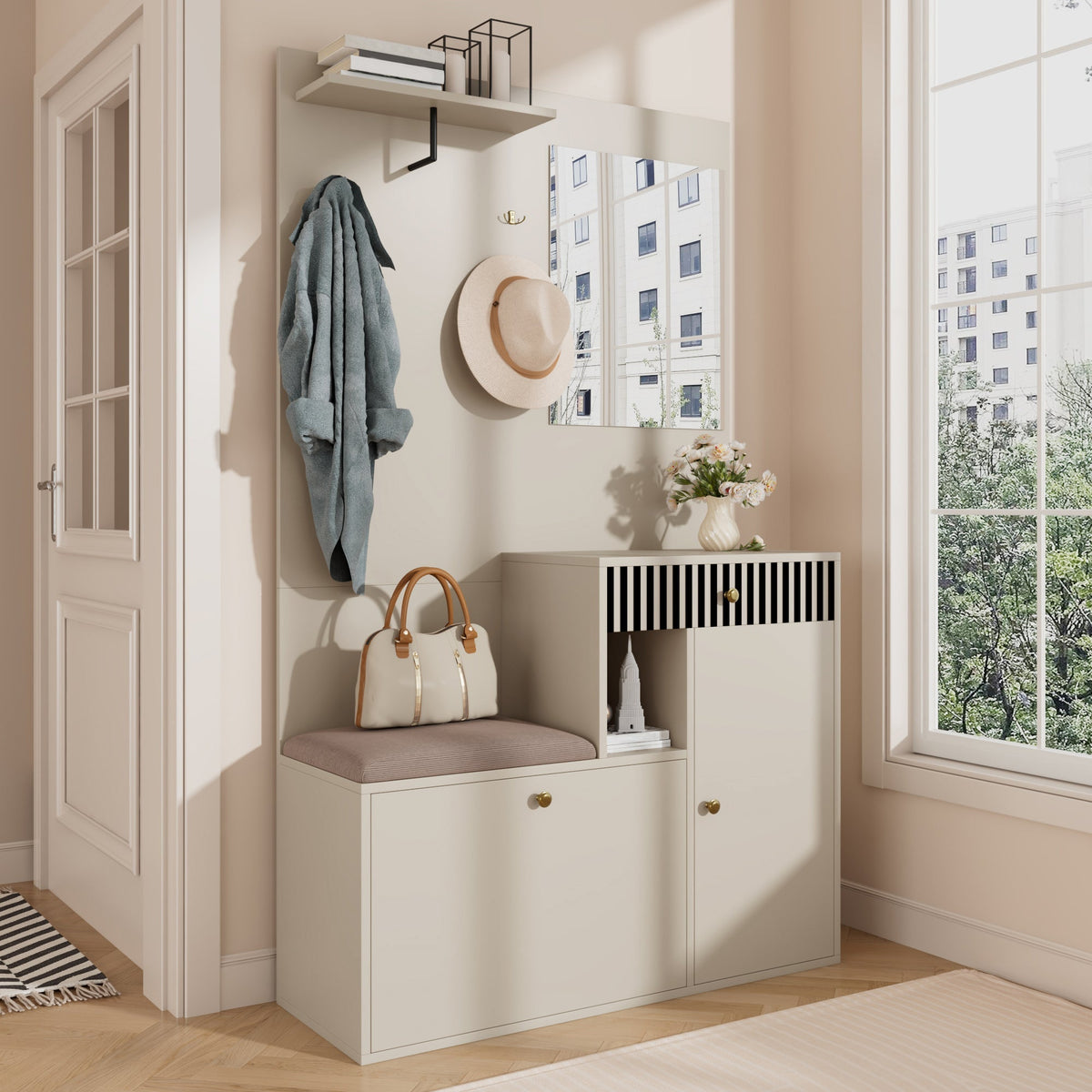 Wardrobe Set, Hallway with Mirror & Cushions, Shoe Cabinet, 110 x 185.5 x 37 cm, Compact