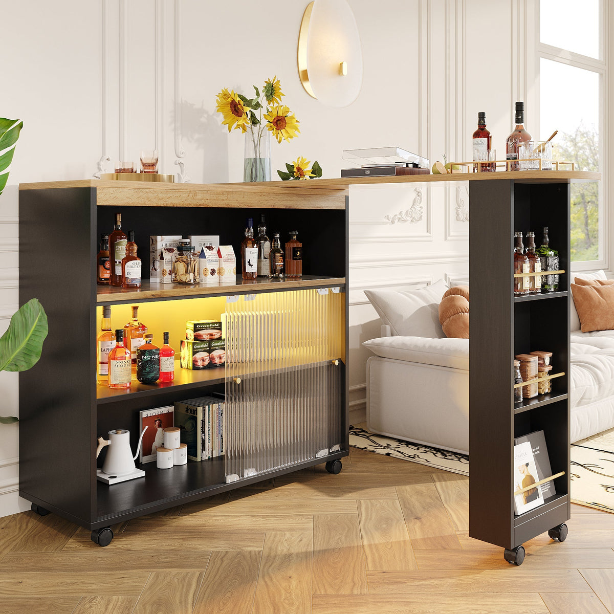 Extendable Bar Table Telescopic with LED Light Storage Cabinet Black