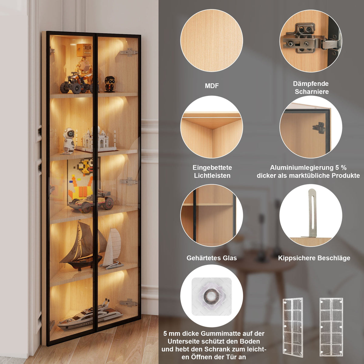 LED Glass Display Case 62x35x160cm Corner Cabinet with Light Strip, Tempered Glass, Oak