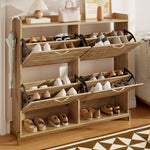 Shoe Cabinet Modern 4 Door Wooden Slat Metal Frame - 108.5x24x100cm