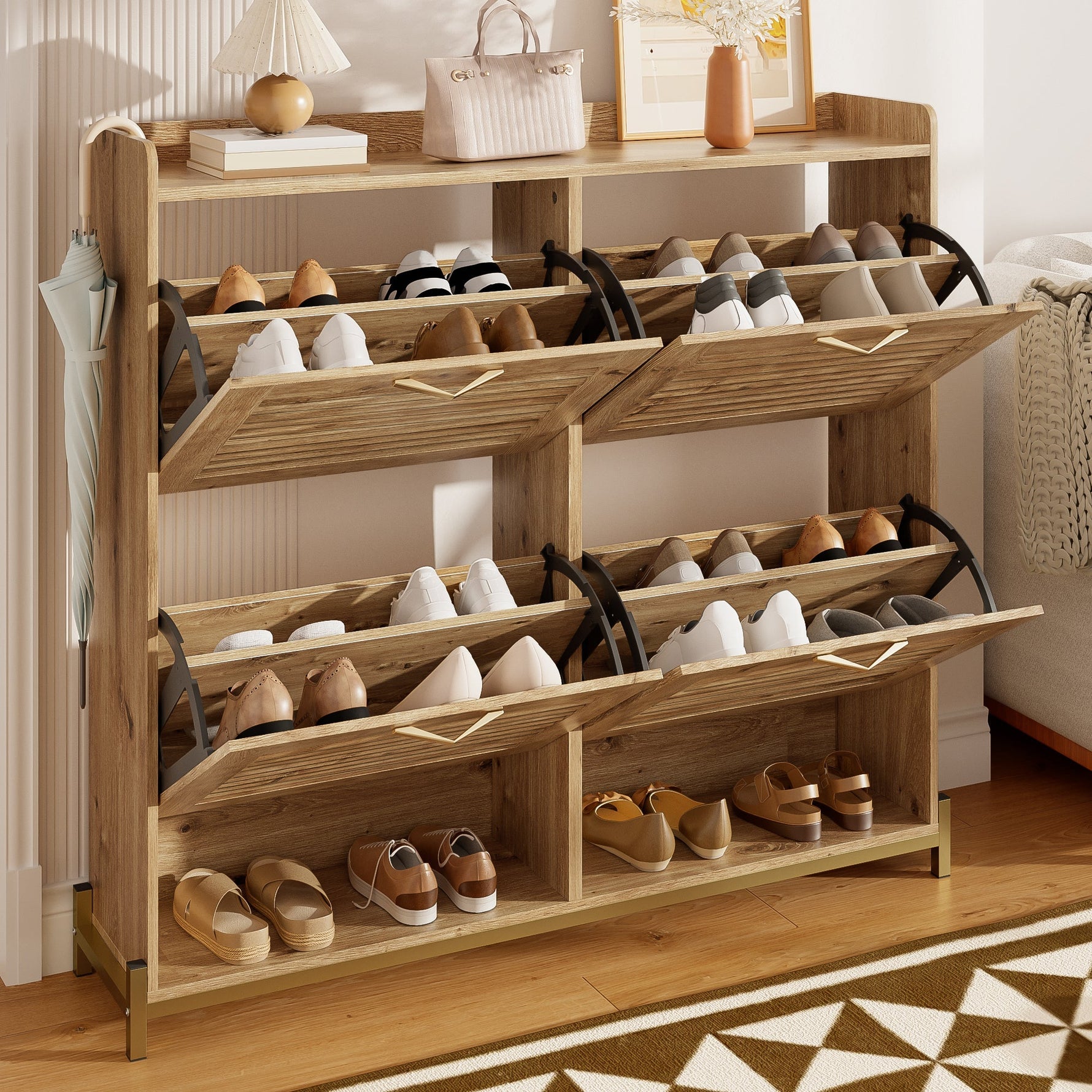 Shoe Cabinet Modern 4 Door Wooden Slat Metal Frame - 108.5x24x100cm