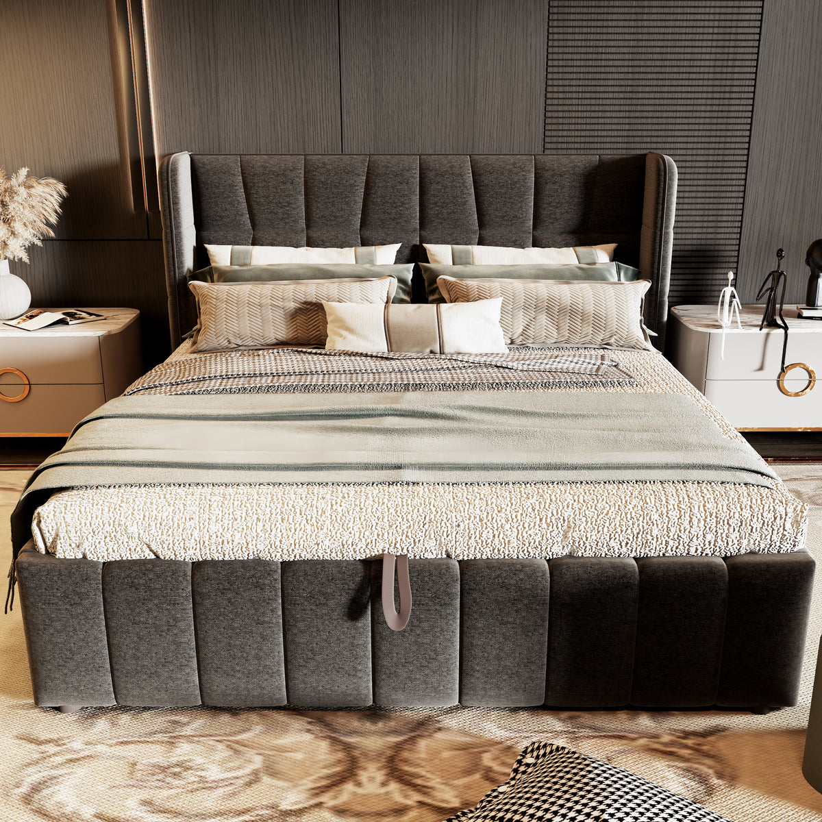 Upholstered Double Bed with LED, USB & Storage, 160x200, Linen