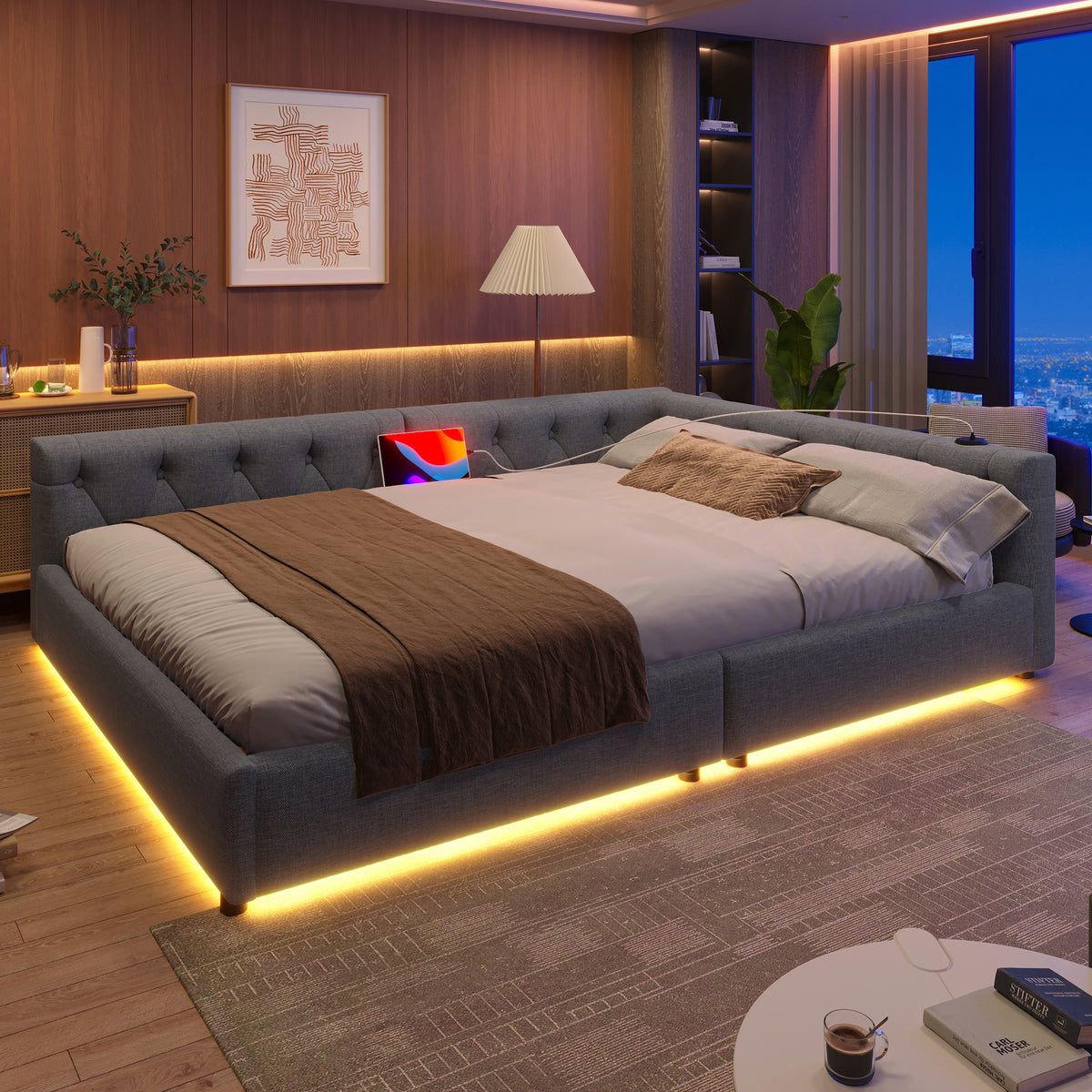 Sofa Daybed 140x200cm with LED Light & USB, Grey Linen