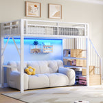 Loft Bed 90x200cm with LED & Storage Staircase - White Iron Frame