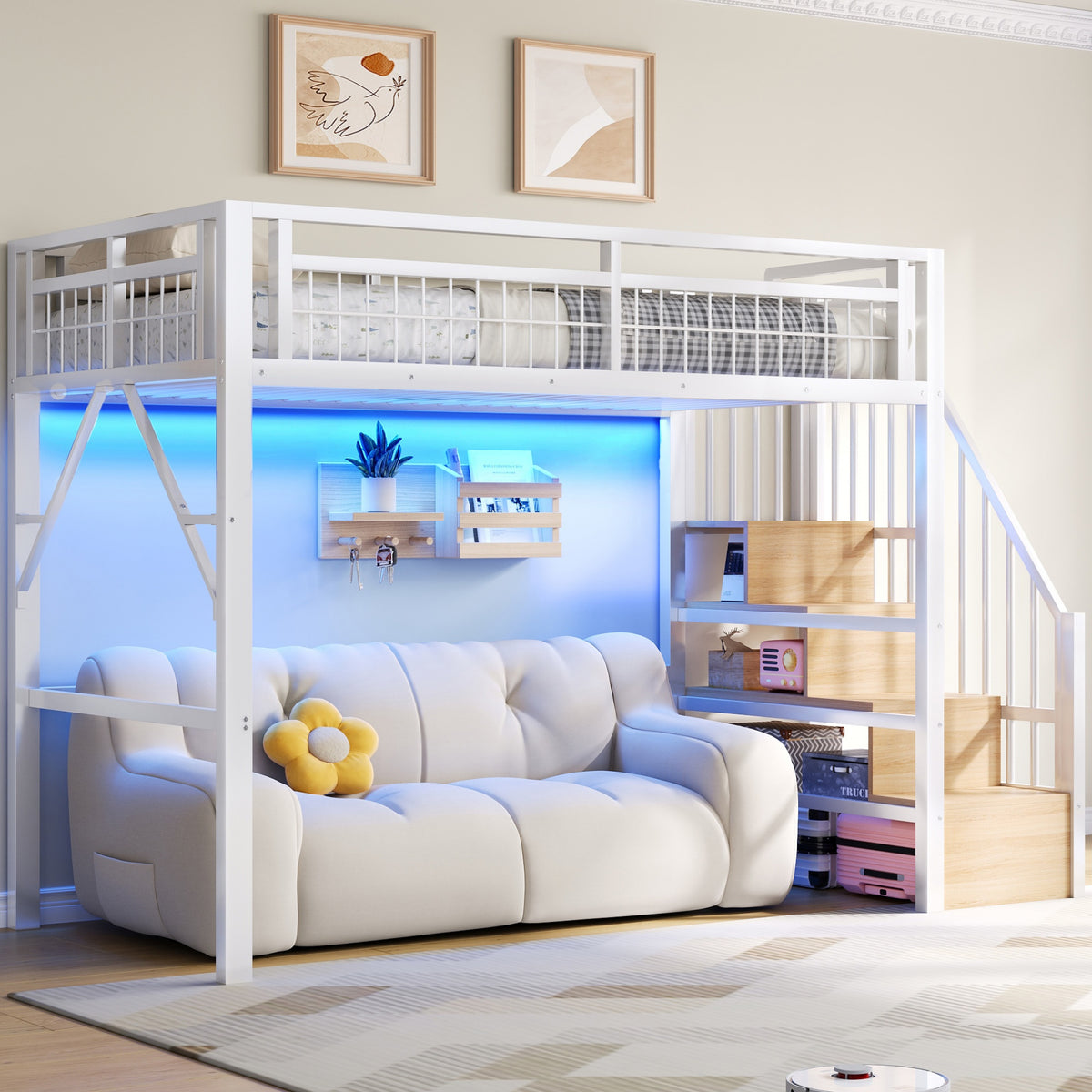 Loft Bed 90x200cm with LED & Storage Staircase - White Iron Frame