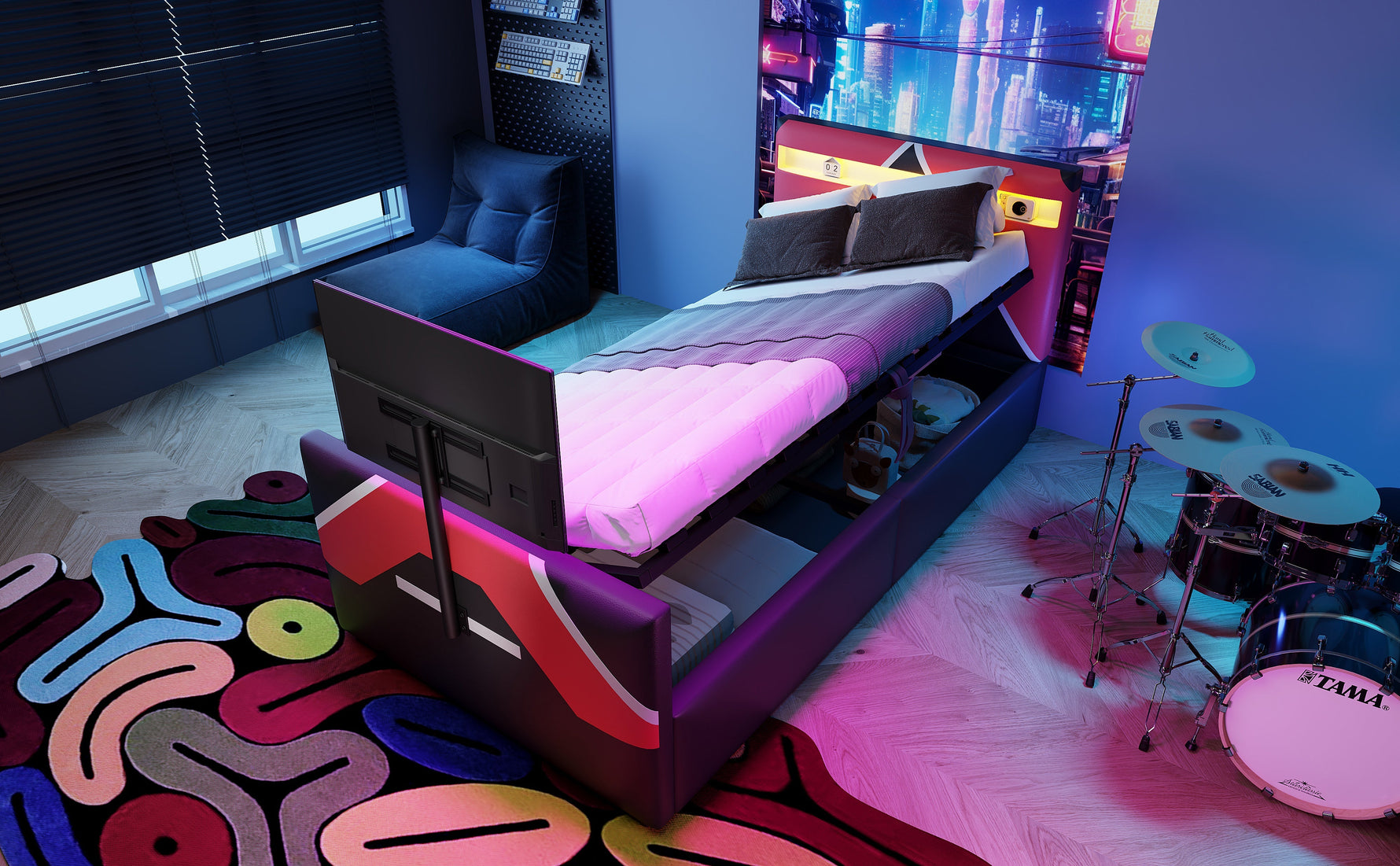 Children's Gaming Bed 90x200 with LED, Hydraulic Storage and TV Mount, PU Leather