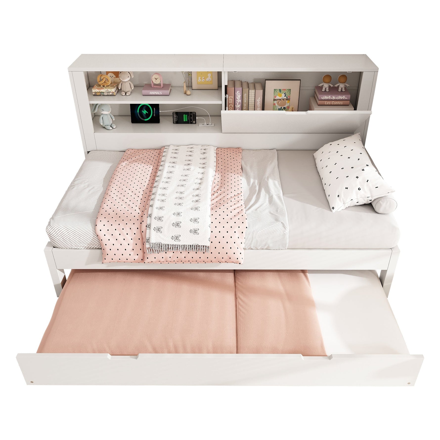 Single Sofa Bed 90x200cm Pull-Out Bed 90x190 Storage USB/USB-C Charging - White Wood
