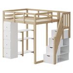 High Loft Bed with 4 Drawers and Storage Shelves, White and Natural Wood Color