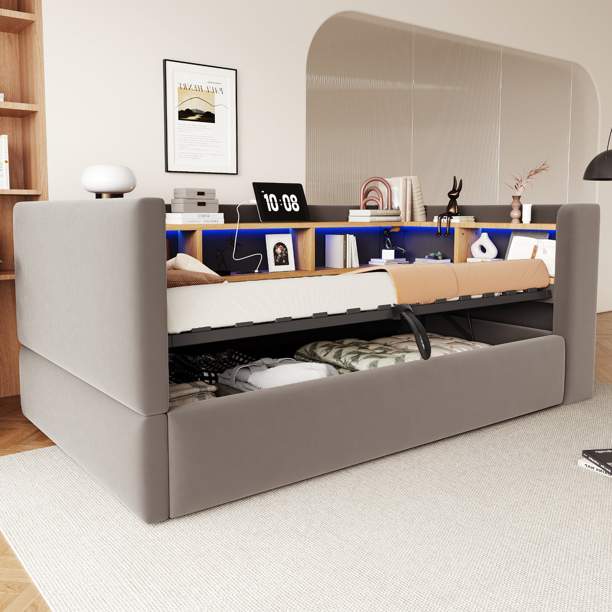 Hydraulic Sleeper Sofa Bed 90x190cm with LED & Storage, Dark Grey