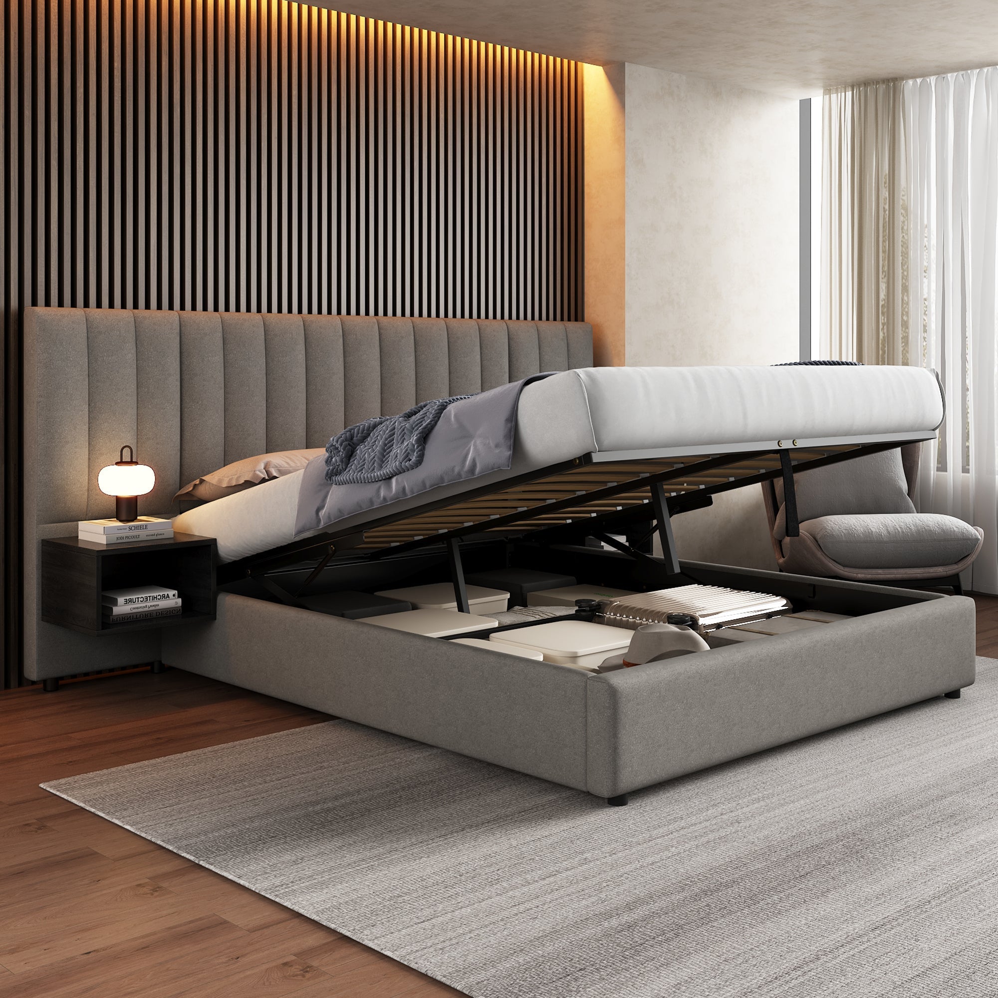 Upholstered Bed 160 x 200 cm with Hydraulic Storage and 2 Bedside Tables, Grey and Black Linen