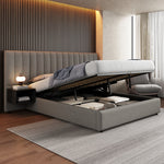 Upholstered Bed 160 x 200 cm with Hydraulic Storage and 2 Bedside Tables, Grey and Black Linen