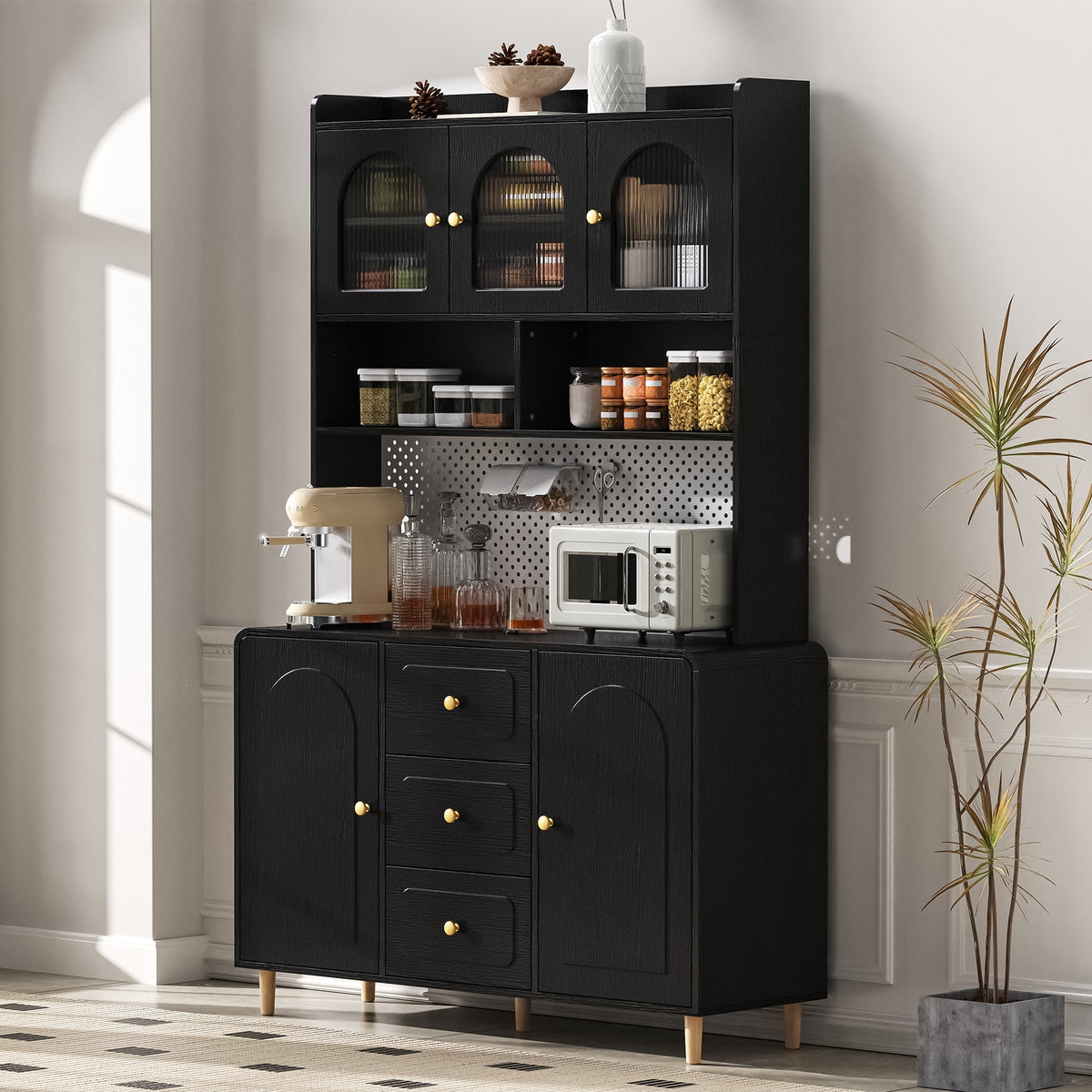 Tall Cabinet Sideboard with Pegboard Drawers Storage Solid Wood Legs Black