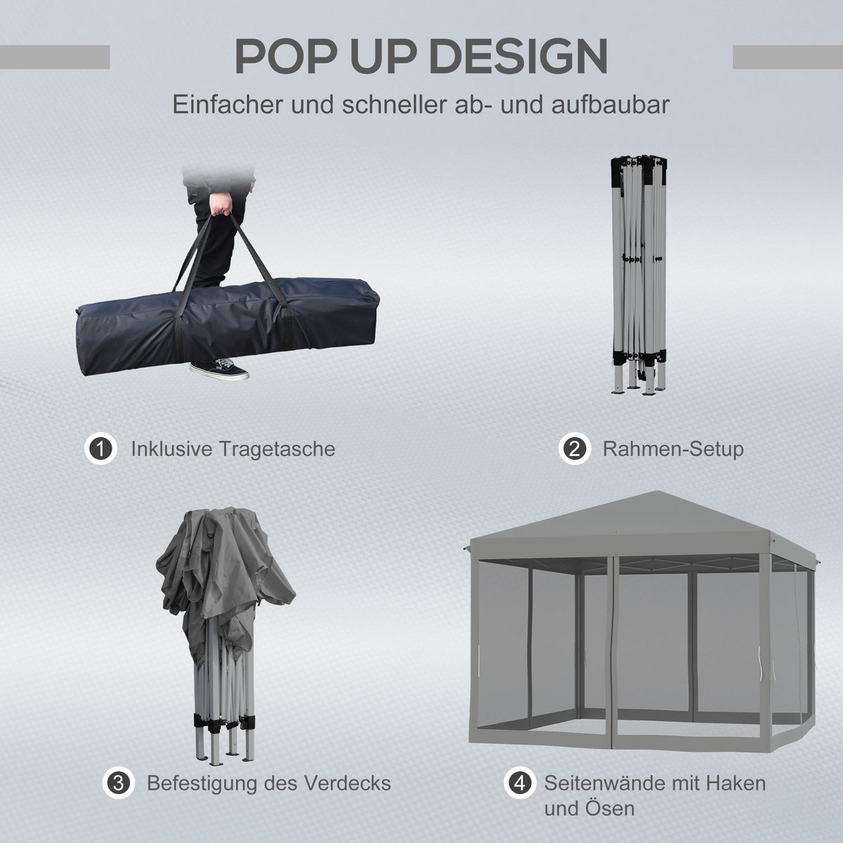 Folding Pavilion/Tent 3x3m Side Walls Carrying Bag Metal Oxford Light Grey/Black