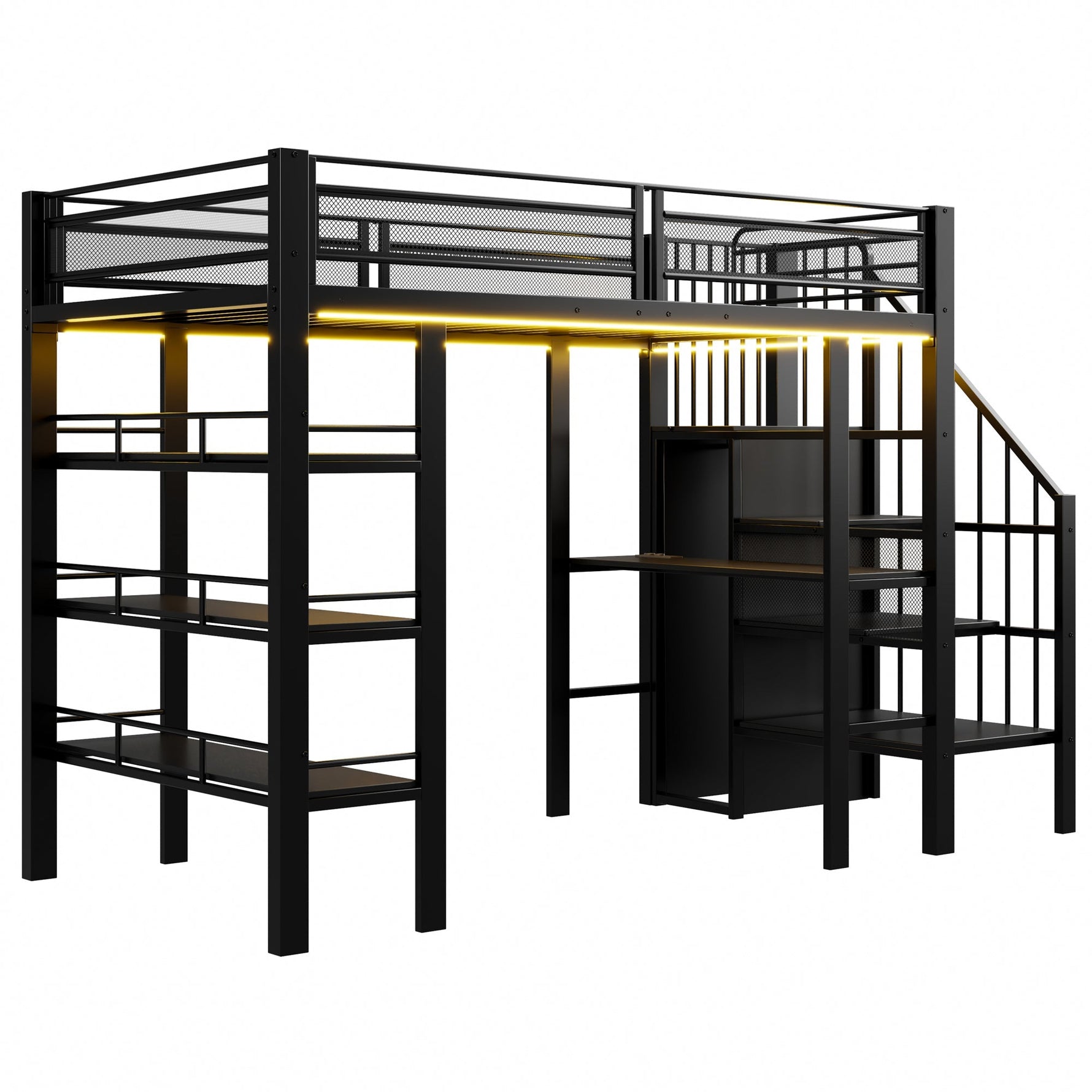 Loft Bed 90x200 LED Light Socket Storage Bookshelf - Black