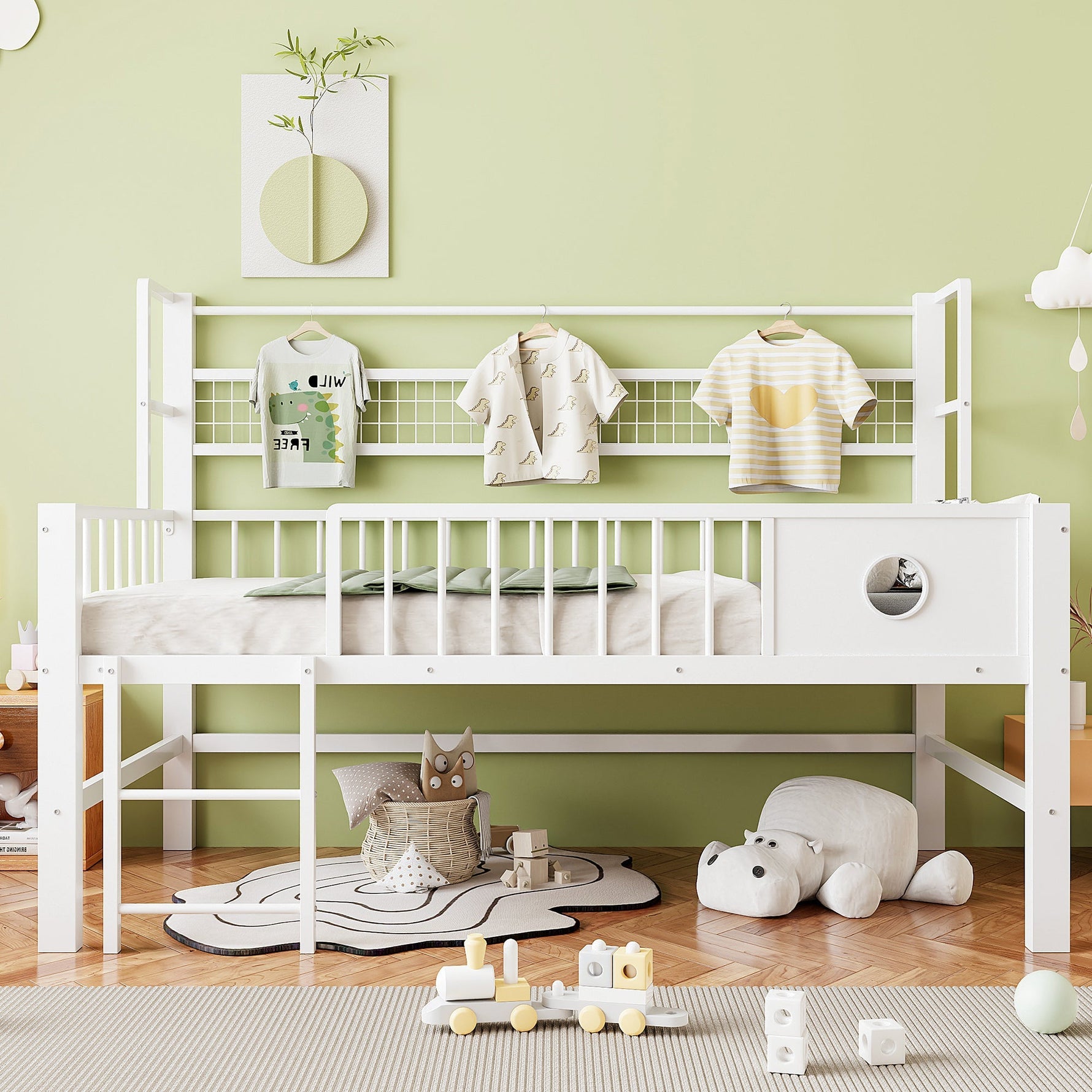 Children's Low Loft Bed with Storage Compartments, 90x200cm, White Metal