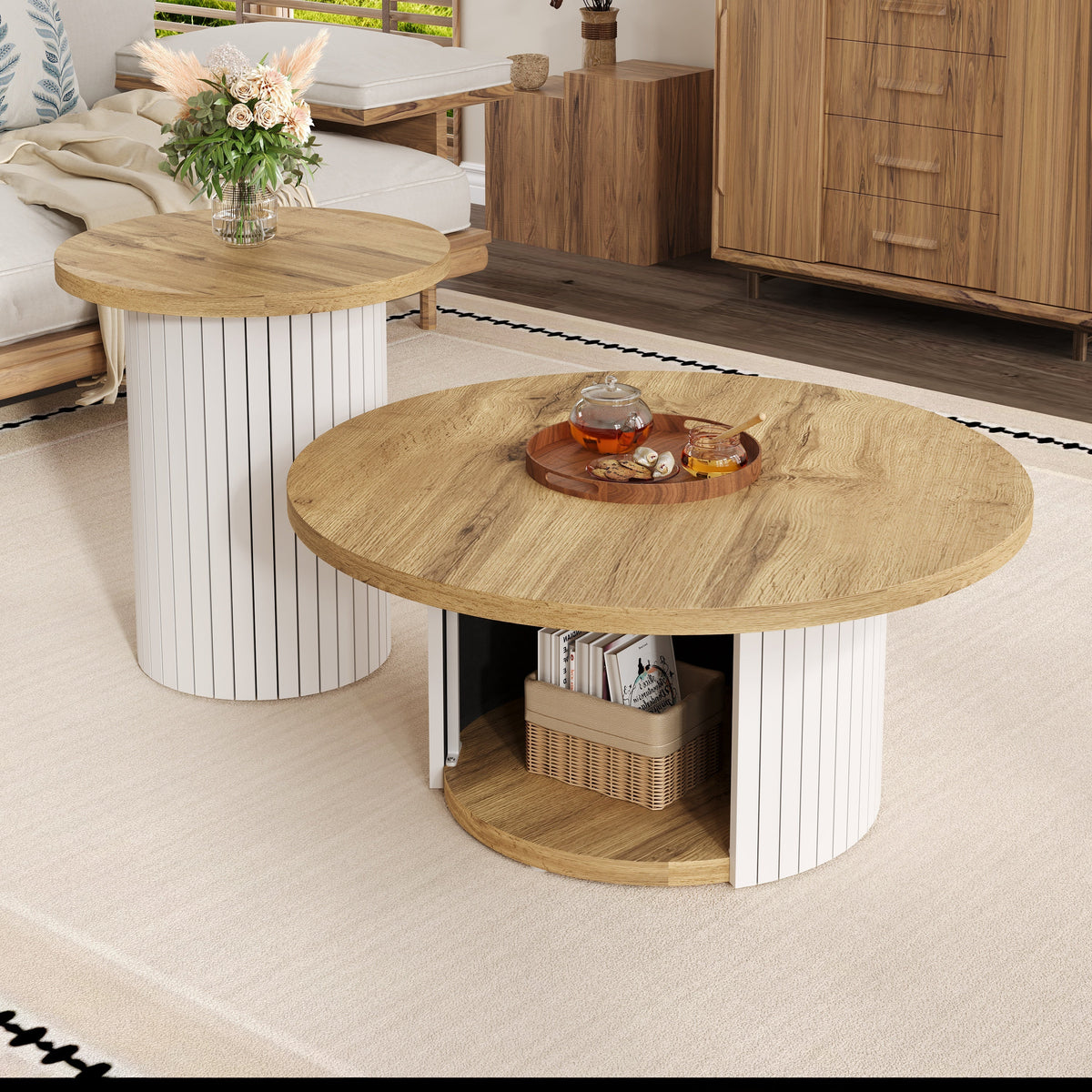 Coffee Table Double Round Multifunctional Natural Wood Slats