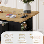 Portable Kitchen Island with Folding Dining Table, AC and USB Ports and Glass Door, Wood Effect