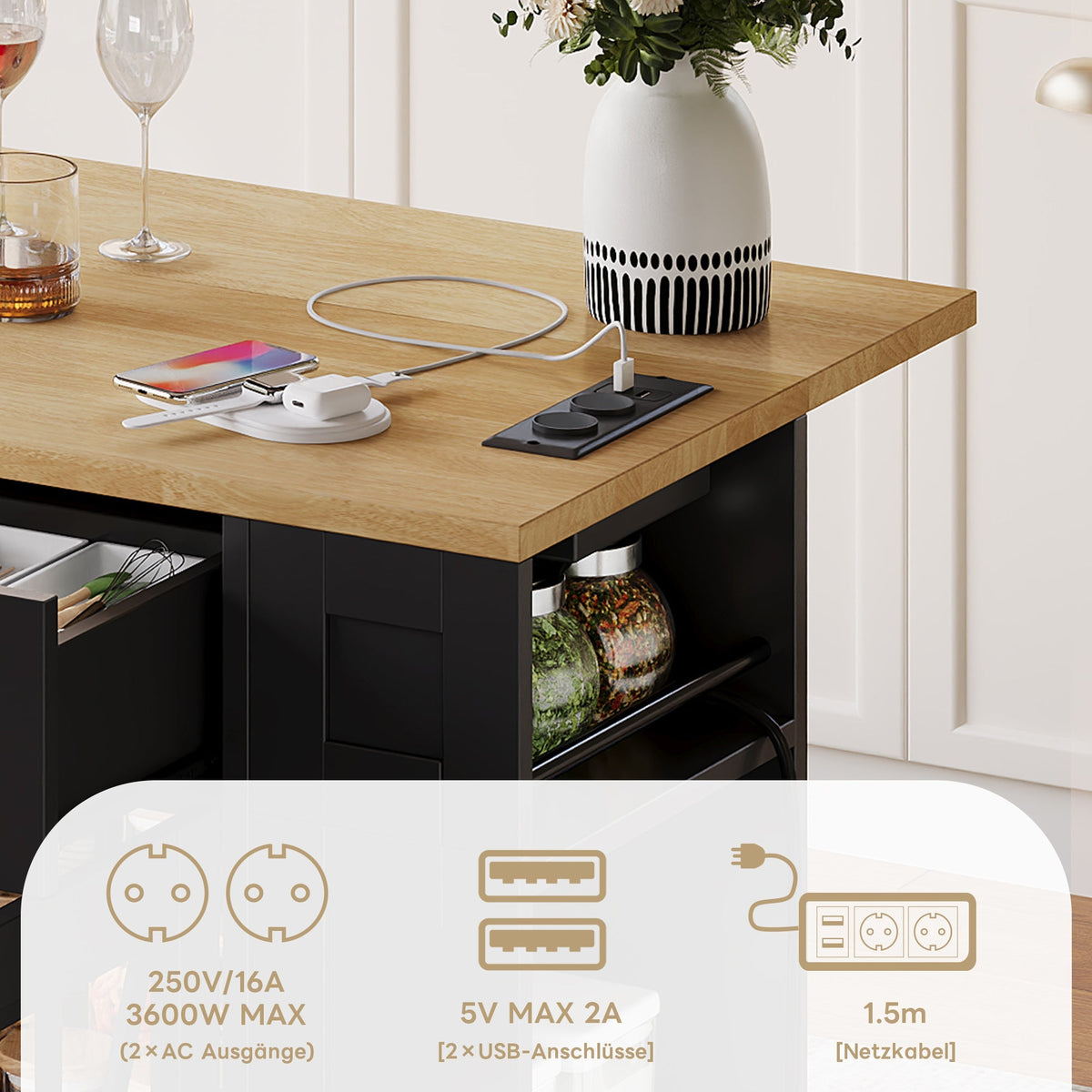 Portable Kitchen Island with Folding Dining Table, AC and USB Ports and Glass Door, Wood Effect