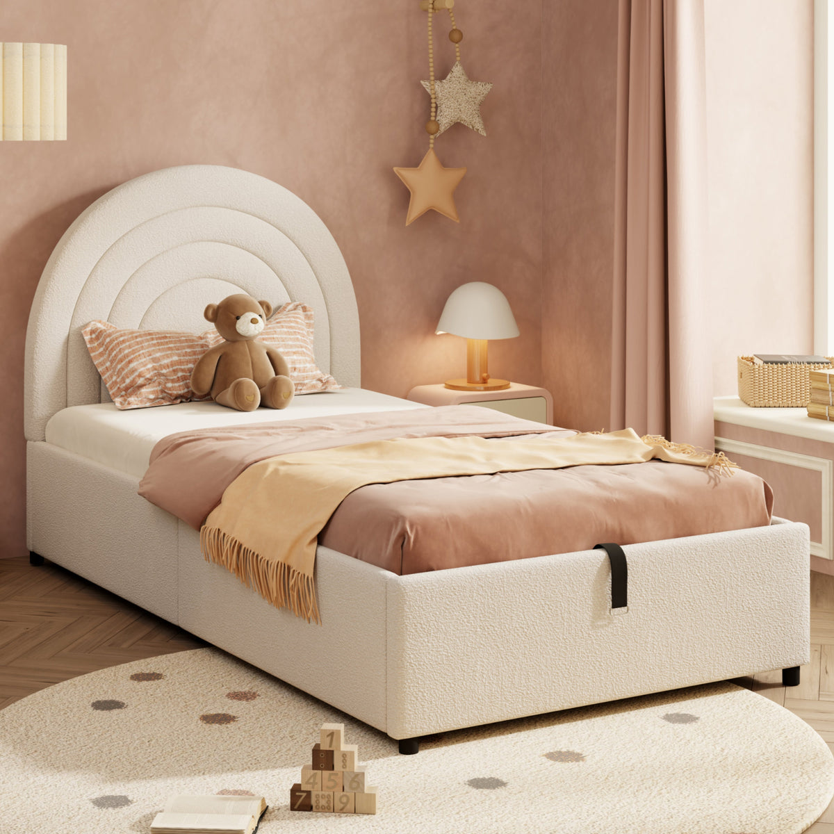 Upholstered Single Bed 90x200 with Slatted Base and Headboard, Beige Bouclé