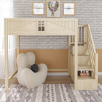 Solid Wood Loft Bed 90 x 200 cm with Safety Door and Storage Ladder, Wood Color