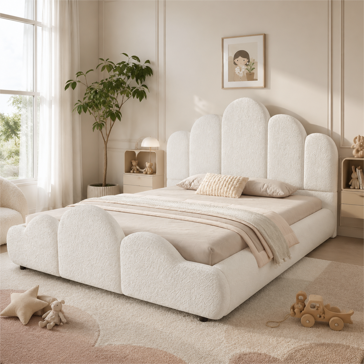 Upholstered Children's Bed 140x200cm with Headboard in Beige Bouclé