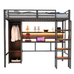 Metal Loft Bed with Large Desk, Wardrobe and LED Light Strip, Black