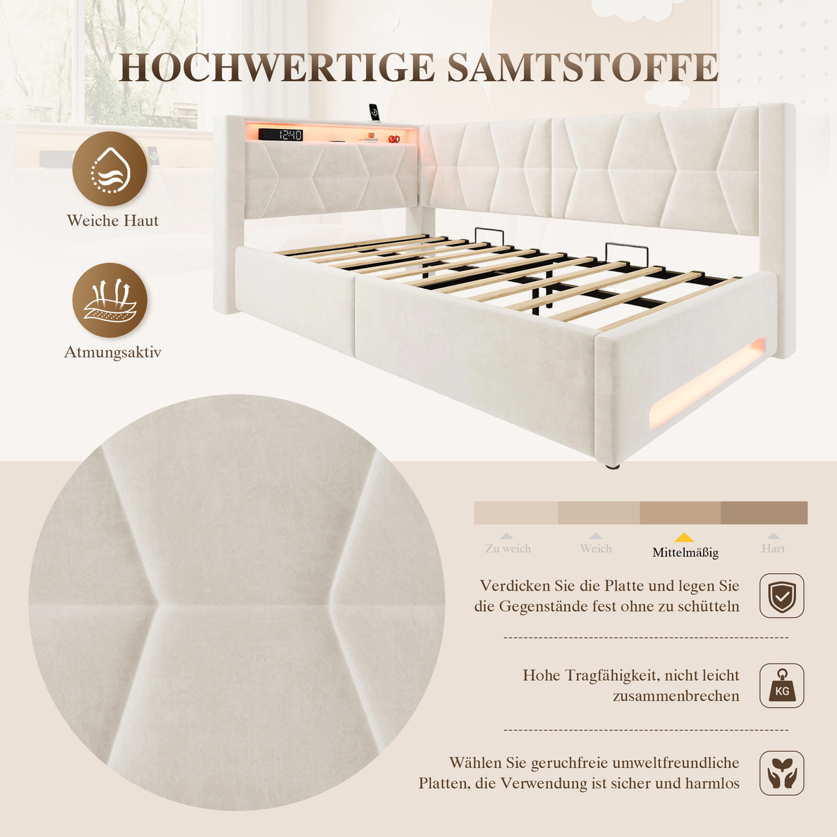 Upholstered Bed 90x200 with Storage & LED Lighting, Beige Velvet