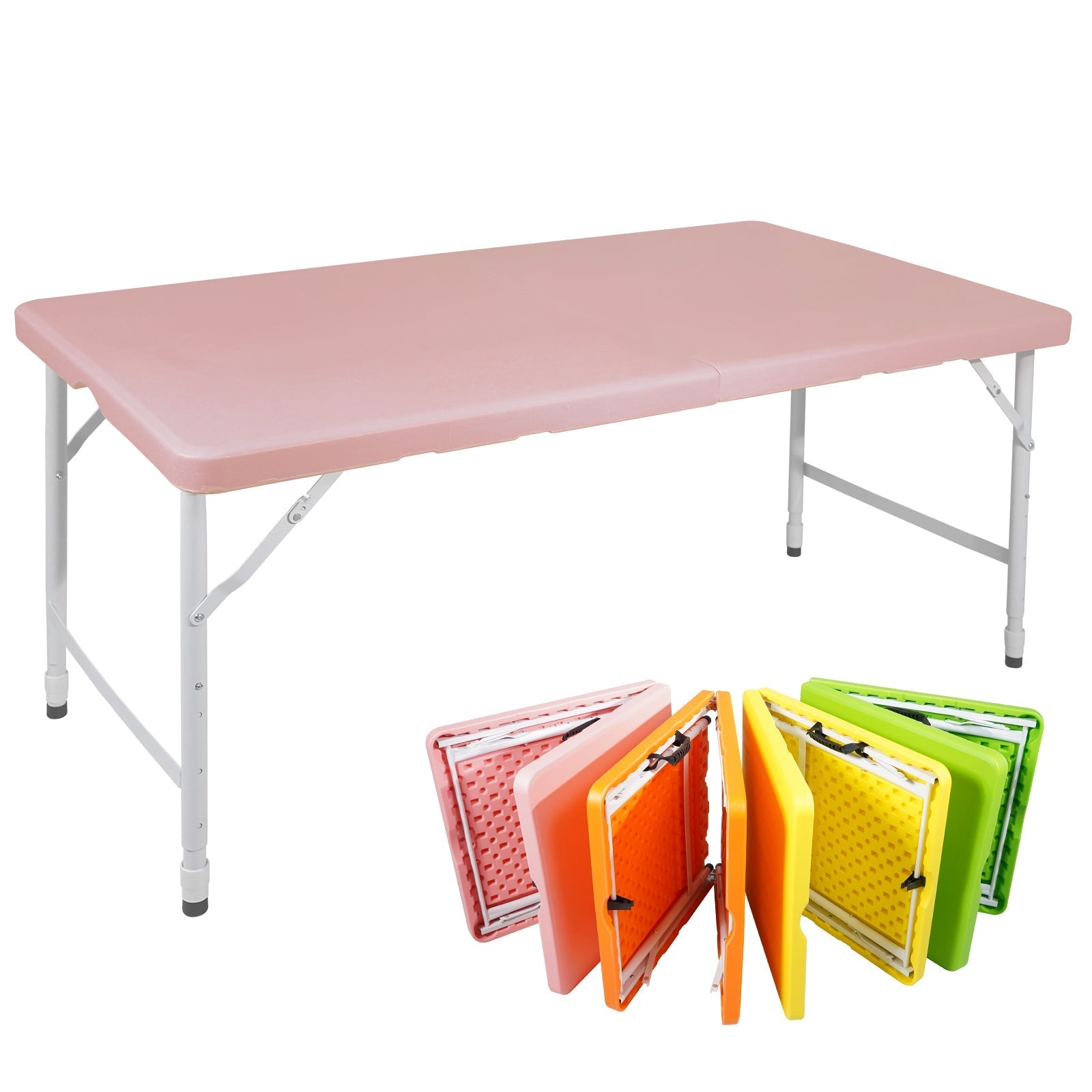 Portable Heavy Duty Folding Table 125cm with Handle, Adjustable Height, Multi-Functional for Camping Picnic Parties, 135kg Capacity, Pink