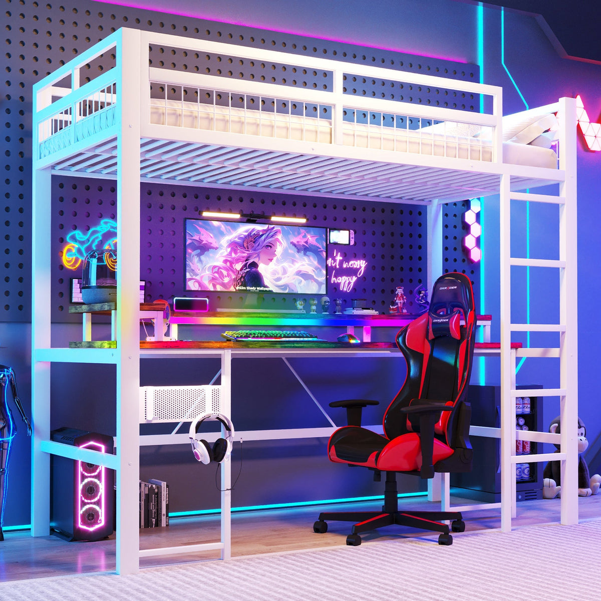Loft Bed with Desk and LED Lights, USB Ports and Pegboard, White Iron Frame