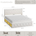 Upholstered Double Bed 160x200cm, USB LED & 6 Drawers, White Plush