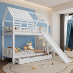 Bunk Bed, House Bed with Stairs, Slide, Storage, Safety Gate & Drawer, Pine/MDF, White