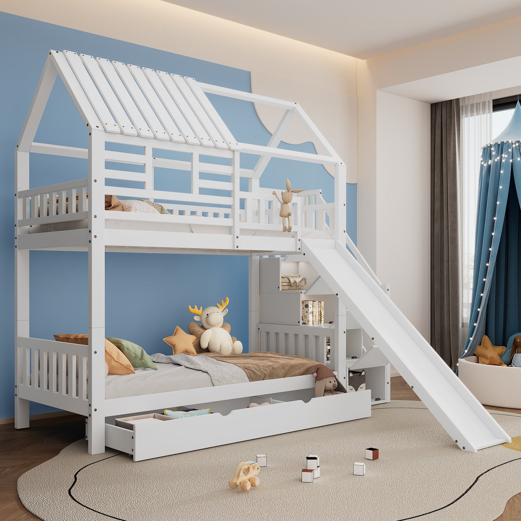 Bunk Bed, House Bed with Stairs, Slide, Storage, Safety Gate & Drawer, Pine/MDF, White