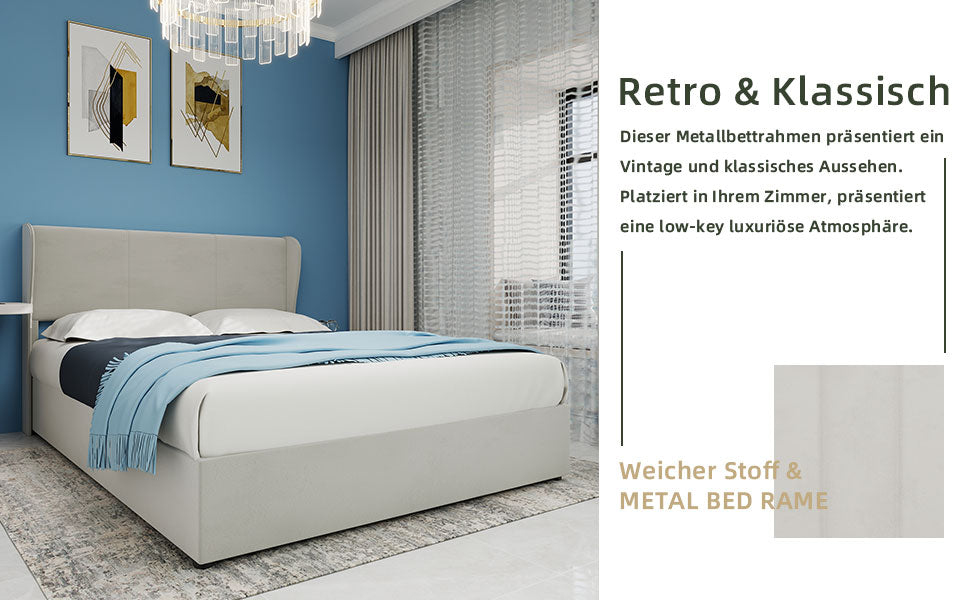 Modern Minimalist Upholstered Bed, Multi-Functional with Gas Lift, Beige