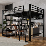 Iron Bed, Loft Bed with Storage, Charging Port, Ladder, Black Iron & Chipboard