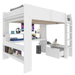 Loft Bed 140x200cm Gaming Desk LED Drawer Shelves - White