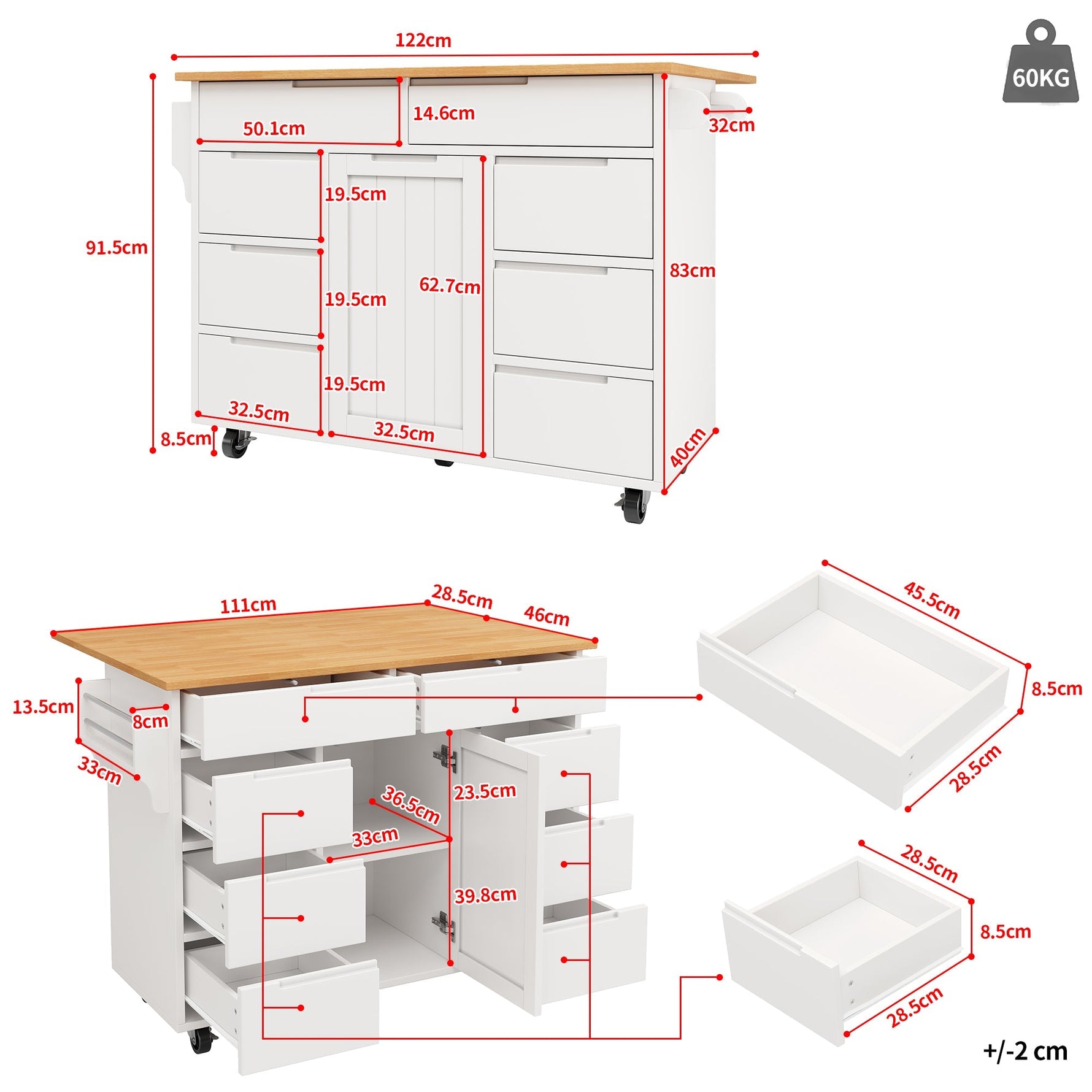 Extendable Kitchen Island Trolley 8 Drawers Worktop Wheels - White