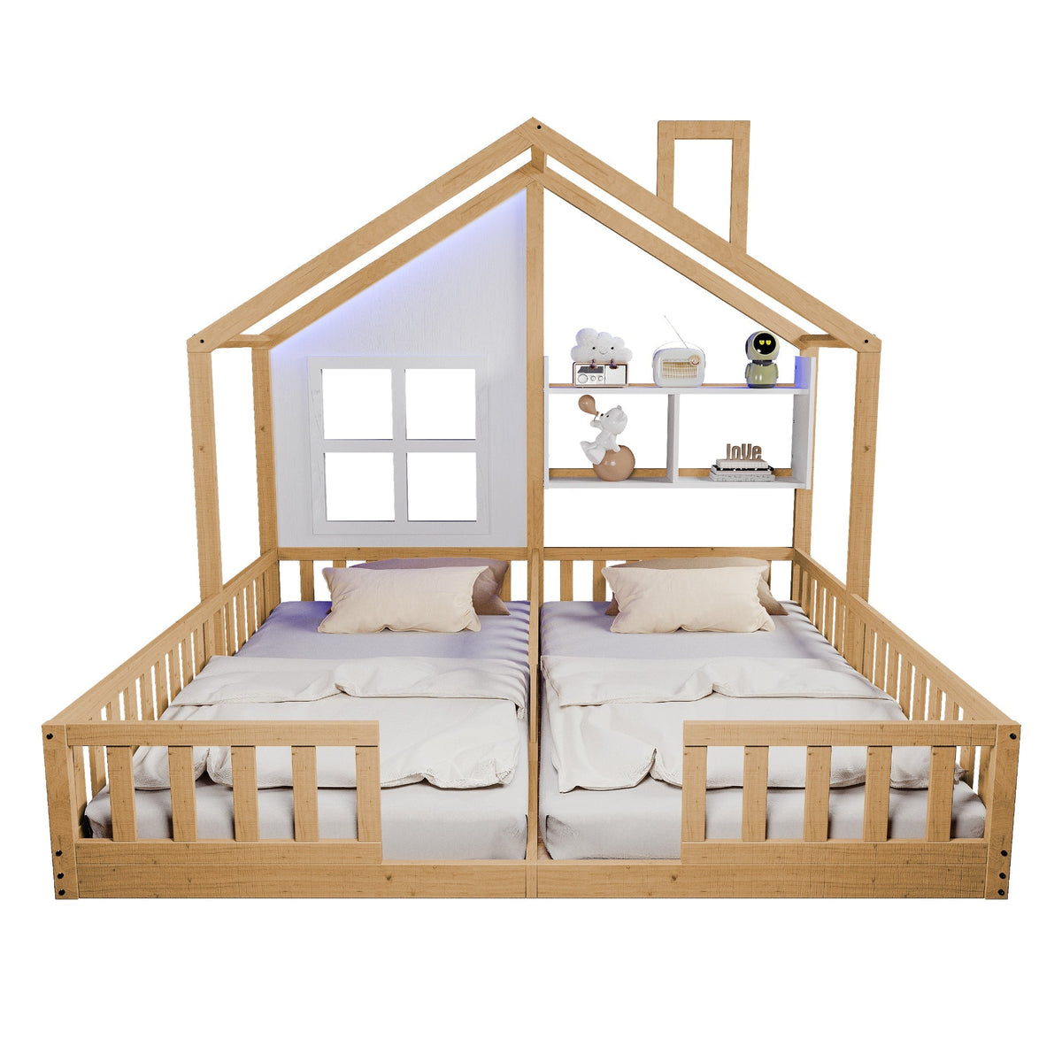 Wooden House Bed 90x200cm Freestanding LED Storage Shelves Wood Color