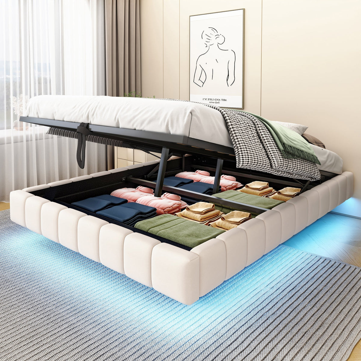 Upholstered Bed 140x200cm Floating Hydraulic Storage LED Light, Linen Beige