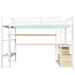 Gaming Loft Bed 140x200cm with Workspace & LED, White Metal