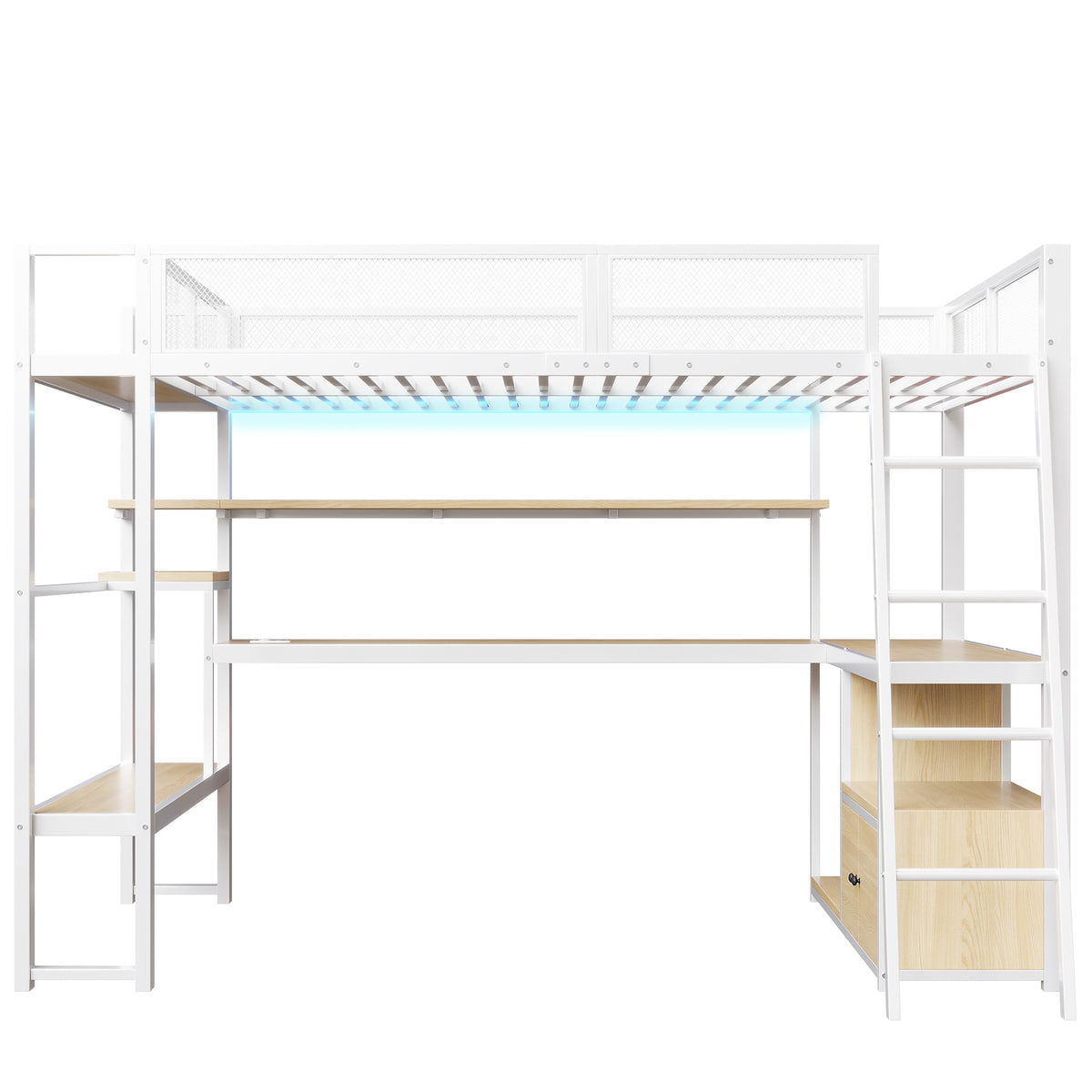 Gaming Loft Bed 140x200cm with Workspace & LED, White Metal