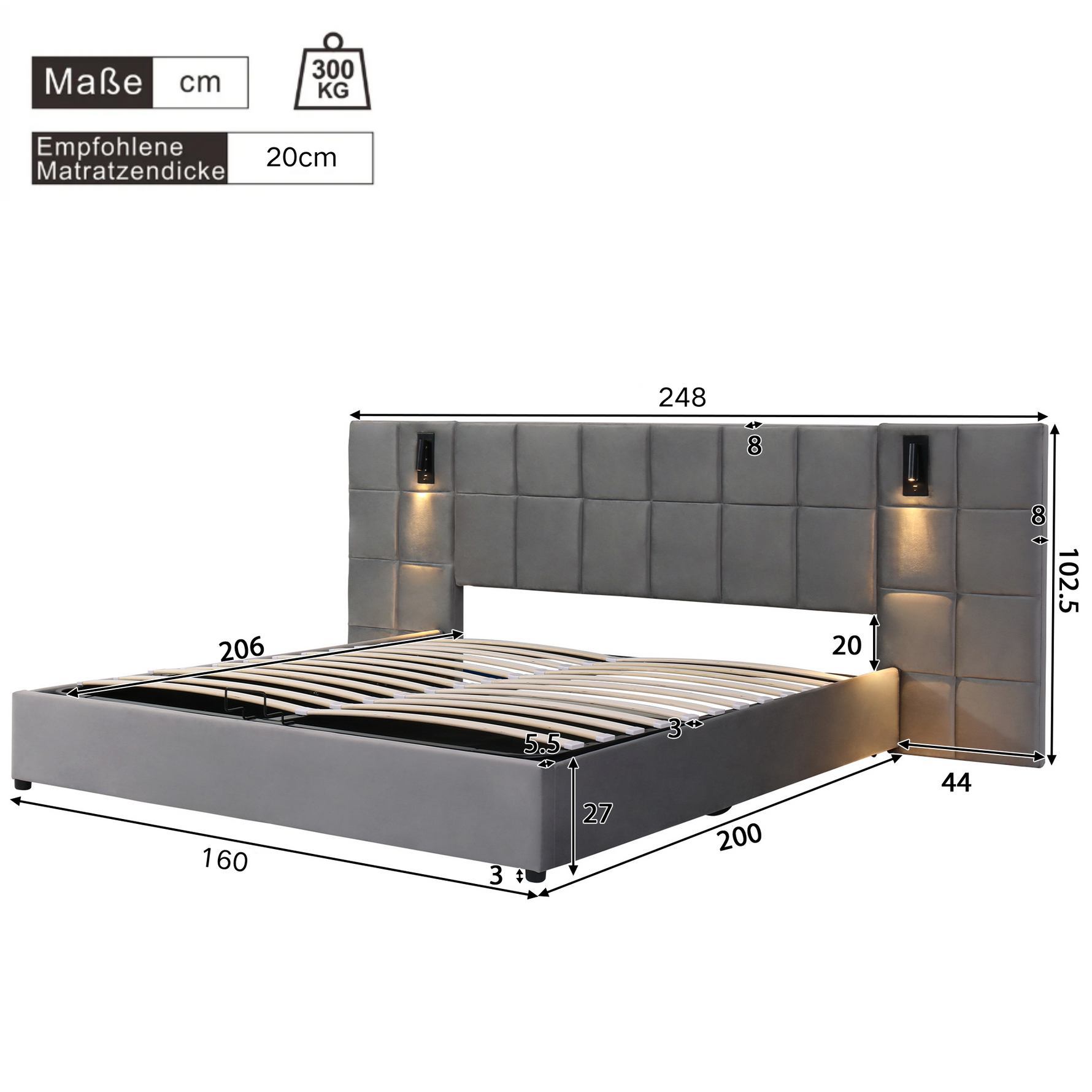 Upholstered Bed 160x200cm Hydraulic Storage Lamp USB - Velvet Grey