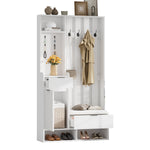 6-in-1 Coat Rack Shoe Cabinet, 8 Hooks, Shoe Bench, Compact Wardrobe Drawers/Shelves, White